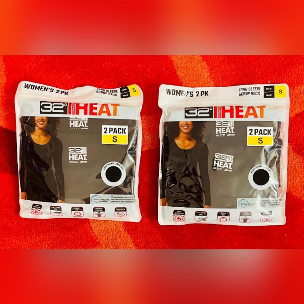 NWT, 32° HEAT, WOMEN'S LONG-SLEEVE SCOOP NECK - 2 PACK (TOTAL 4) SIZE S 😊🔥